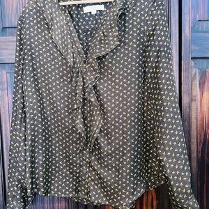 LOFT Brown and Yellow Ruffled Tie Front Blouse medium